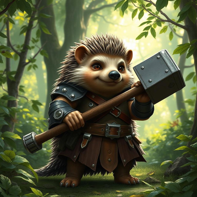 A tall, realistic yet amicable Dungeons and Dragons hedgehog cleric, demonstrating the resilience of a veteran with subtle battle scars