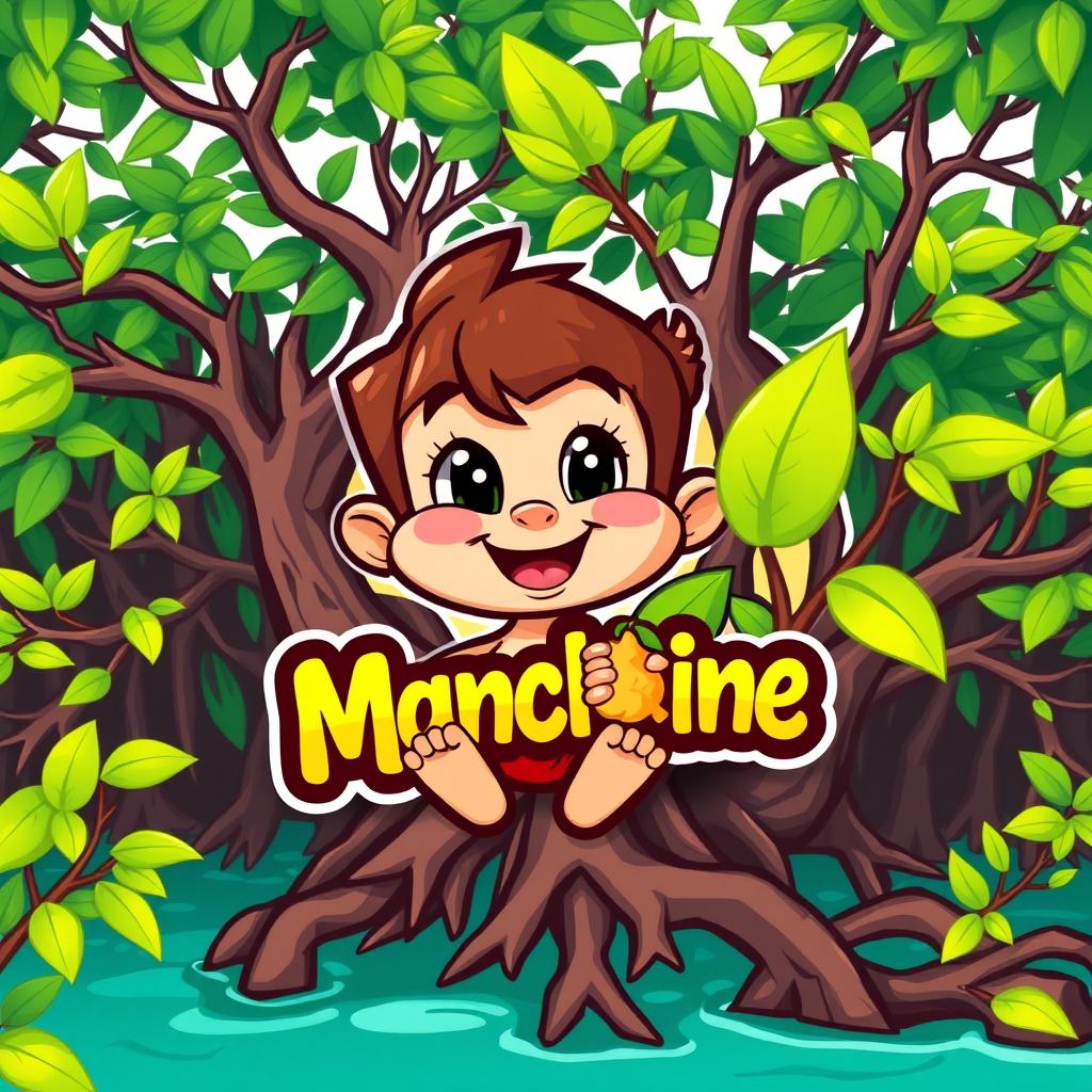 A vibrant logo featuring a cheerful munchkin character surrounded by lush mangrove trees