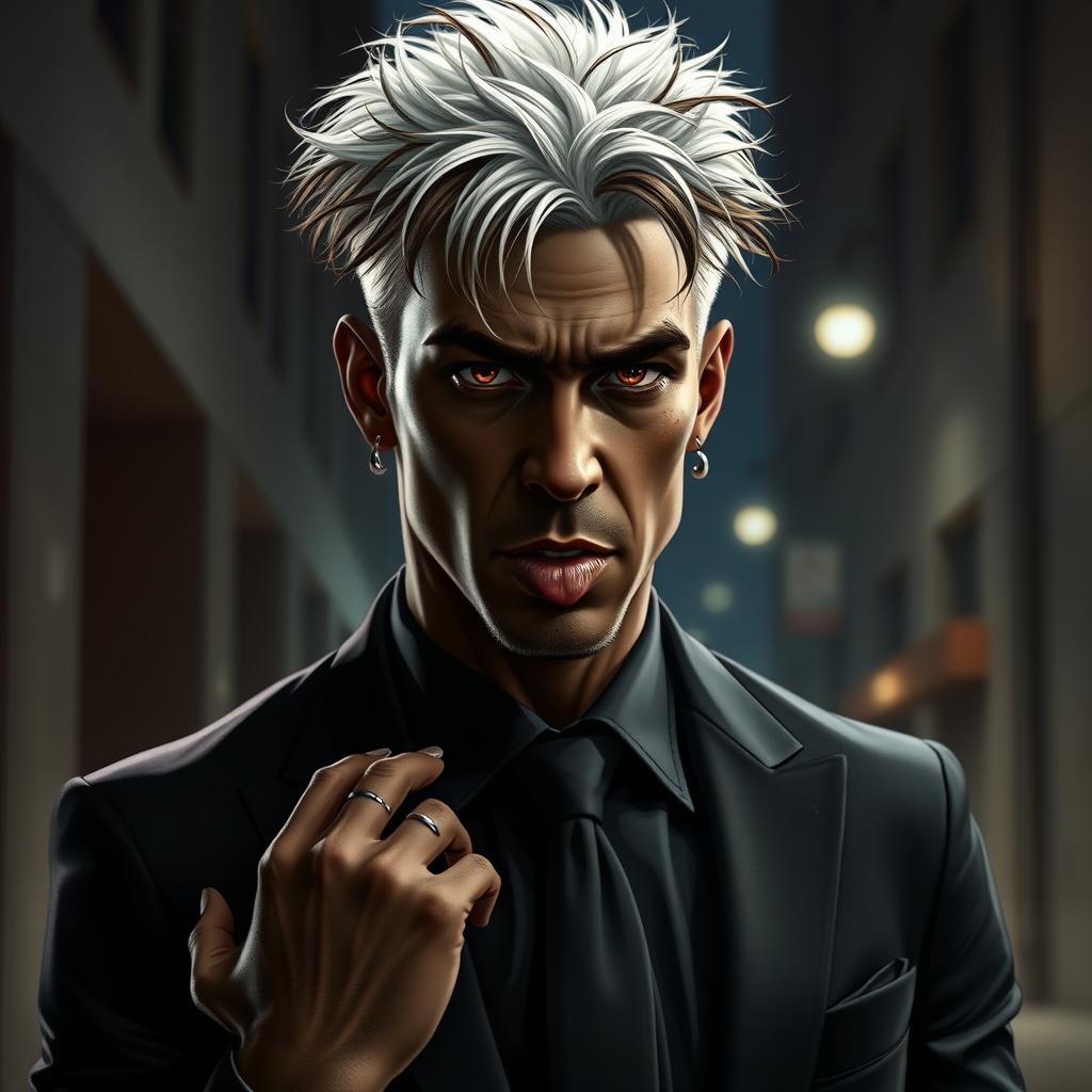 A tall male figure, standing confidently at 6'3", exuding a stoic and gruff demeanor