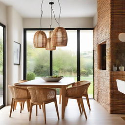 Three proportionally arranged pendant rattan lights illuminating a contemporary dining room