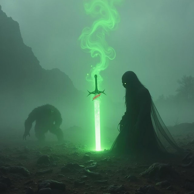 A shadar-kai, a shadowy humanoid figure with dark, ethereal features, kneeling on a foggy, ancient battlefield filled with remnants of long-dead creatures scattered around