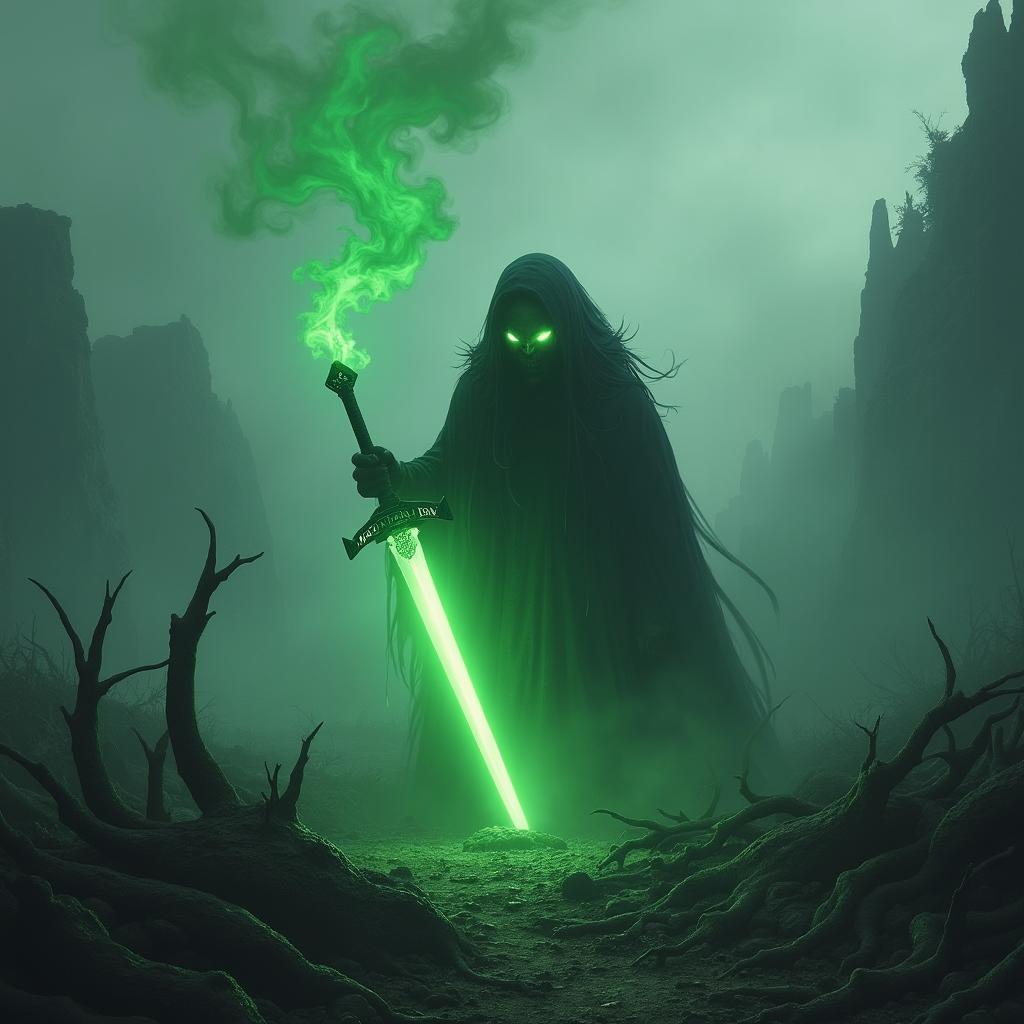 A shadar-kai, a dark and mysterious humanoid figure with shadowy features and glowing eyes, discovering a glowing green sword amidst an old battlefield littered with the remnants of long-dead creatures