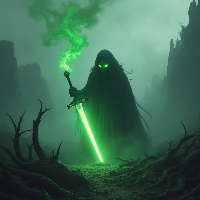 A shadar-kai, a dark and mysterious humanoid figure with shadowy features and glowing eyes, discovering a glowing green sword amidst an old battlefield littered with the remnants of long-dead creatures