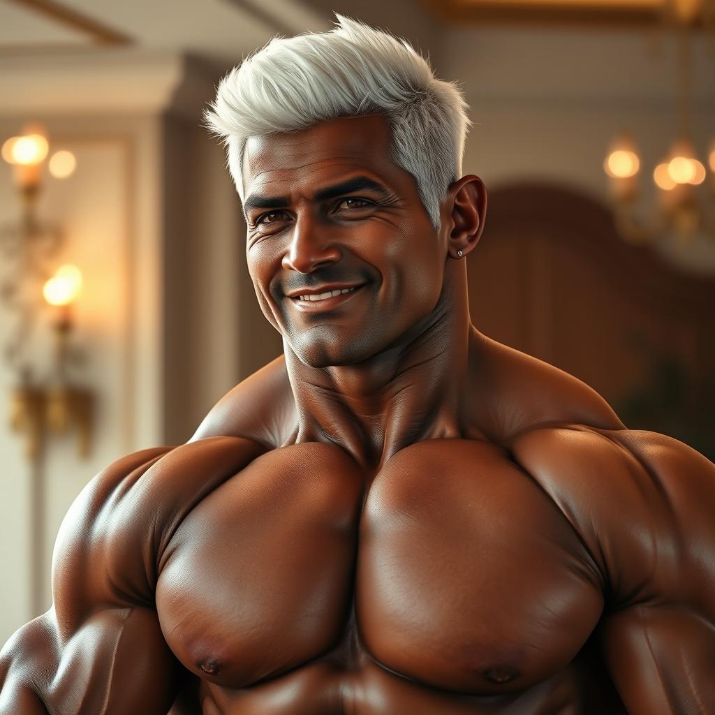 A strong and caring male bodyguard with a very muscular build, showcasing an impressive physique
