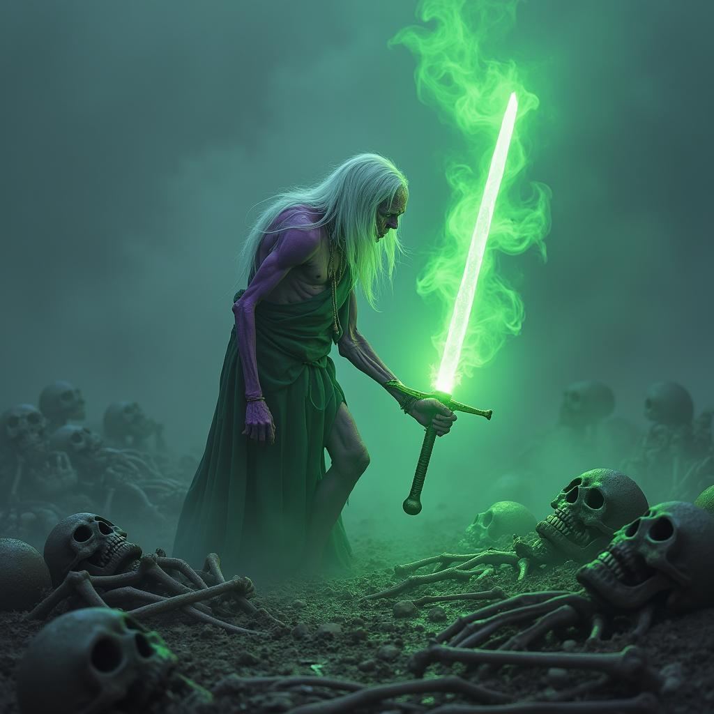 A Shadar-kai discovering a glowing green sword on an ancient battlefield littered with long-dead creatures