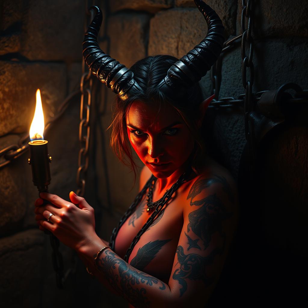 A hauntingly beautiful succubus with fiery red skin and dark horns, bound by chains to a stone wall inside a dimly lit dungeon