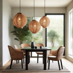 Three proportionally arranged pendant rattan lights illuminating a contemporary dining room