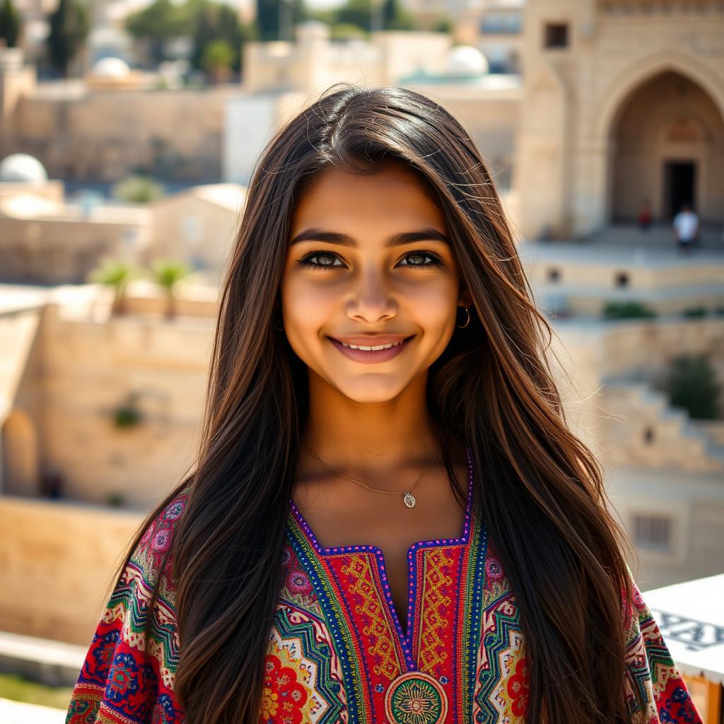 A portrait of a beautiful Israeli girl with long, dark hair and warm brown skin, standing against a backdrop of ancient architecture in Jerusalem
