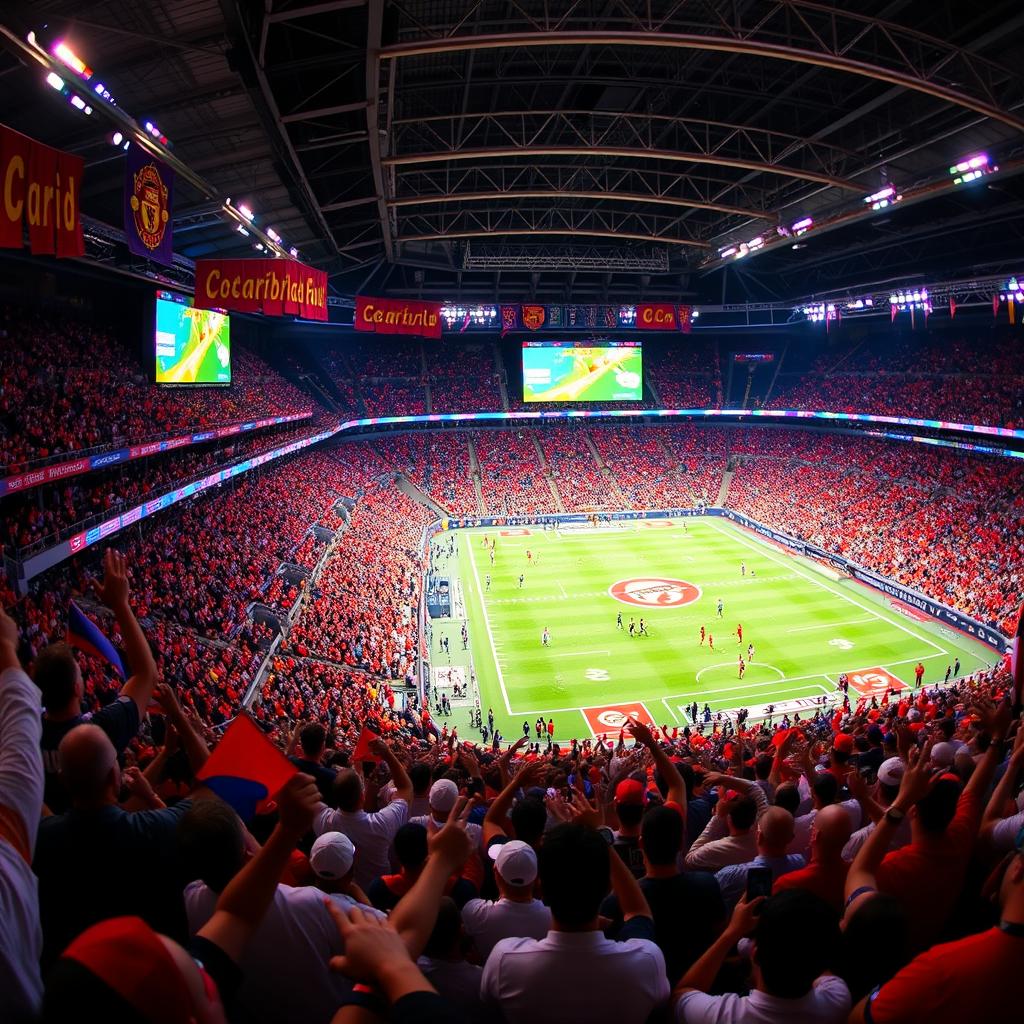 A grand stadium filled with cheering fans, vibrant banners waving in the breeze, and colorful lights illuminating the field