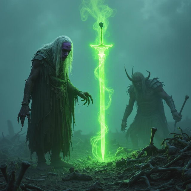 A Shadar-kai, around 35 years in human age, discovering a glowing green sword on an ancient battlefield scattered with long-dead creatures