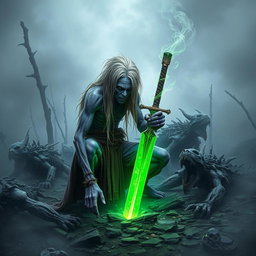 A Shadar-kai, appearing around 35 years old in human terms, unearthing a glowing green sword amidst a desolate battlefield filled with the remnants of long-dead creatures
