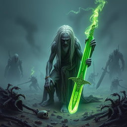A Shadar-kai, appearing around 35 years old in human terms, unearthing a glowing green sword amidst a desolate battlefield filled with the remnants of long-dead creatures