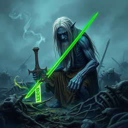 A Shadar-kai, appearing around 35 years old in human terms, unearthing a glowing green sword amidst a desolate battlefield filled with the remnants of long-dead creatures