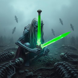 A Shadar-kai, appearing around 35 years old in human terms, unearthing a glowing green sword amidst a desolate battlefield filled with the remnants of long-dead creatures