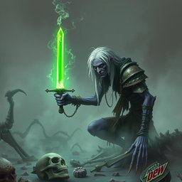 A solitary Shadar-kai, around 35 years in human age, finding a glowing green sword amid a ghostly battlefield strewn with the remains of long-dead creatures