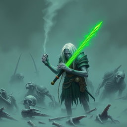 A solitary Shadar-kai, around 35 years in human age, finding a glowing green sword amid a ghostly battlefield strewn with the remains of long-dead creatures