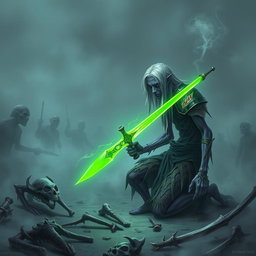 A solitary Shadar-kai, around 35 years in human age, finding a glowing green sword amid a ghostly battlefield strewn with the remains of long-dead creatures