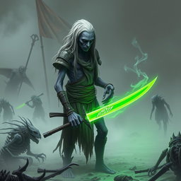 A solitary Shadar-kai, around 35 years in human age, finding a glowing green sword amid a ghostly battlefield strewn with the remains of long-dead creatures