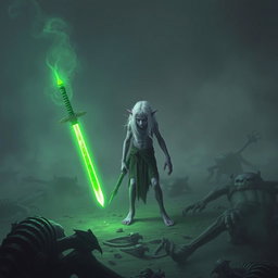 A solitary Shadar-kai, appearing around 35 years in human age, stumbling upon a glowing green sword on an ancient battlefield strewn with the corpses of long-dead creatures