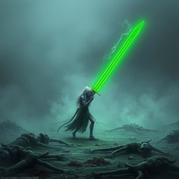A solitary Shadar-kai, appearing around 35 years in human age, stumbling upon a glowing green sword on an ancient battlefield strewn with the corpses of long-dead creatures