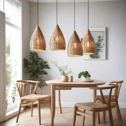 Three pendant rattan lights illuminating a Scandinavian-style dining room