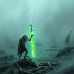 A solitary Shadar-kai, appearing around 35 years in human age, stumbling upon a glowing green sword on an ancient battlefield strewn with the corpses of long-dead creatures