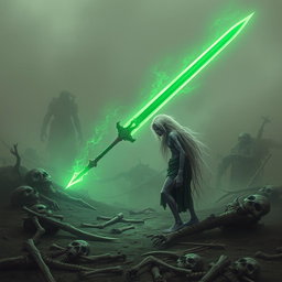 A solitary Shadar-kai, appearing around 35 years in human age, stumbling upon a glowing green sword on an ancient battlefield strewn with the corpses of long-dead creatures