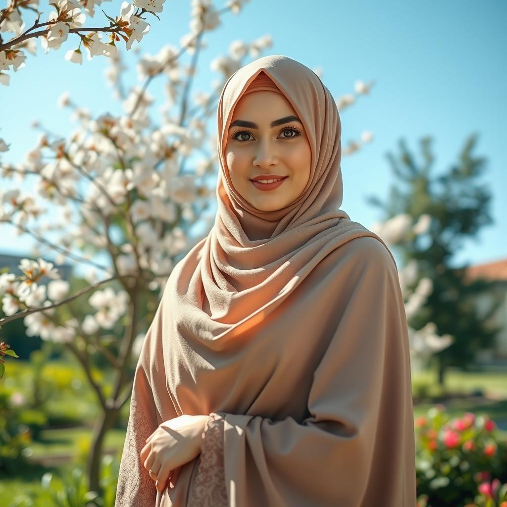 A captivating scene featuring a woman in a hijab and jilbab, elegantly draped over her body