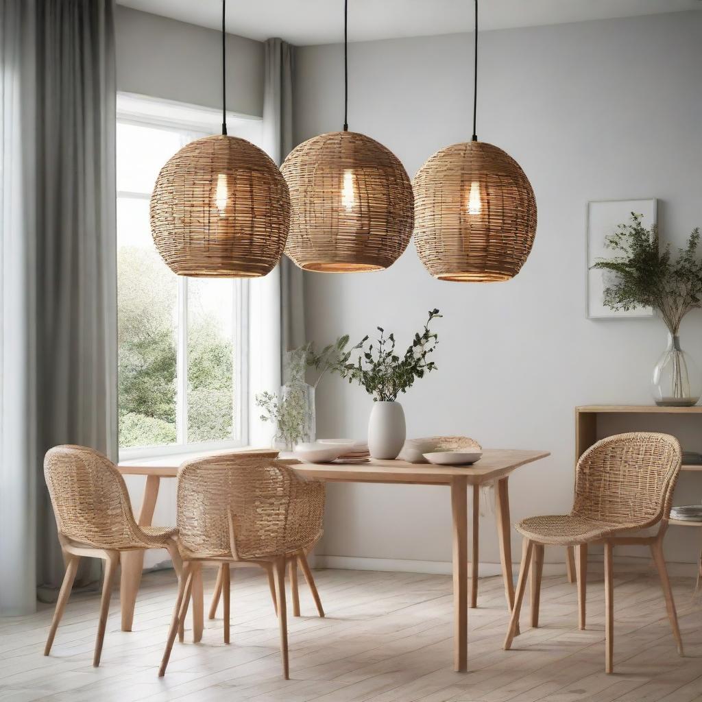 Three pendant rattan lights illuminating a Scandinavian-style dining room