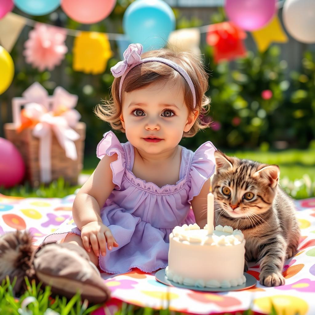 A heartwarming scene of a baby girl celebrating her first birthday with her gray tabby cat