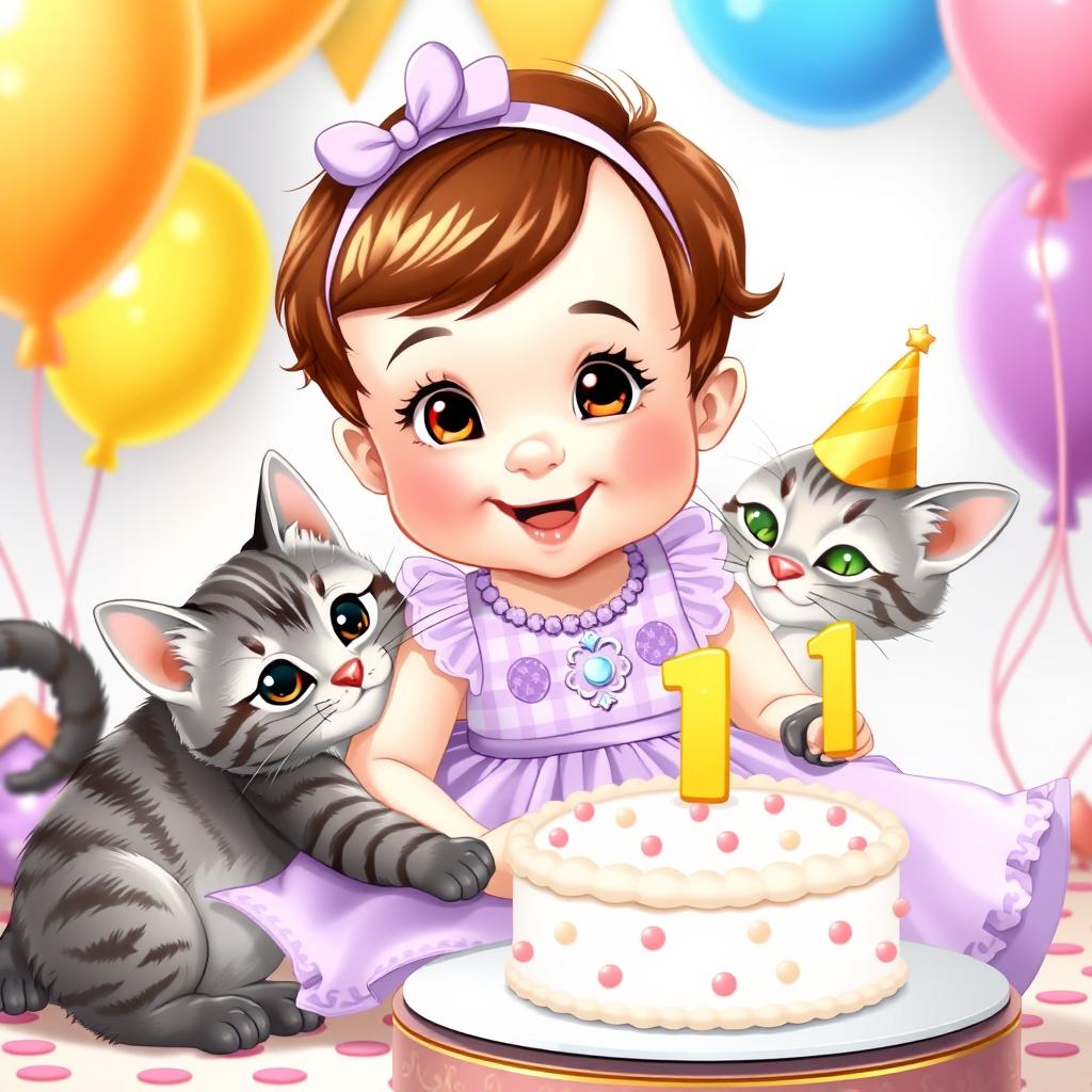 A joyful scene depicting a baby girl celebrating her 1st birthday alongside her gray tabby cat