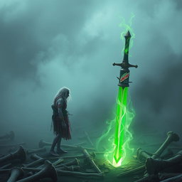 In a mystical, mist-laden battlefield, a lone Shadar-kai, around 35 years old, is captivated by a glowing green sword staked into the ground