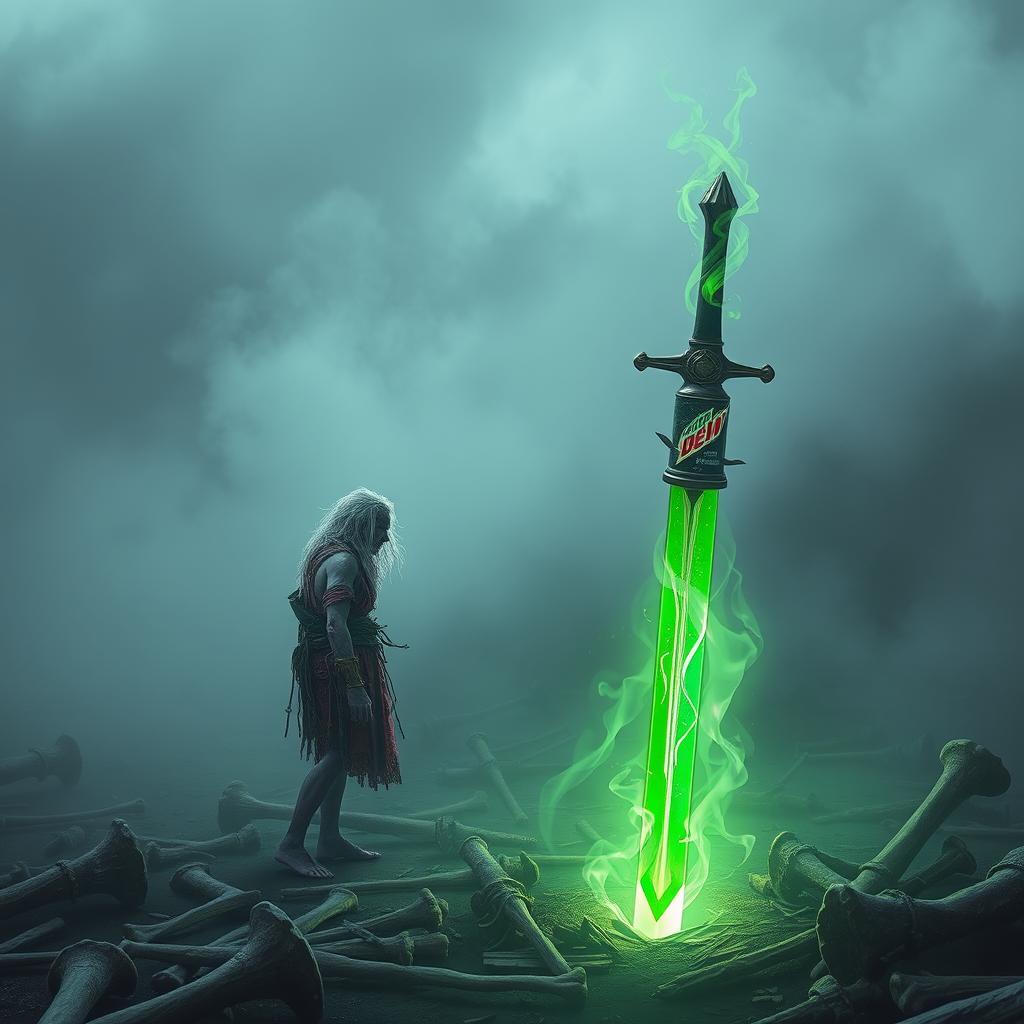 In a mystical, mist-laden battlefield, a lone Shadar-kai, around 35 years old, is captivated by a glowing green sword staked into the ground