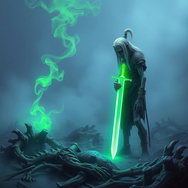 In a mystical, mist-laden battlefield, a lone Shadar-kai, around 35 years old, is captivated by a glowing green sword staked into the ground