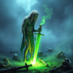 In a mystical, mist-laden battlefield, a lone Shadar-kai, around 35 years old, is captivated by a glowing green sword staked into the ground