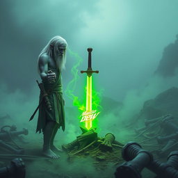 In a mystical, mist-laden battlefield, a lone Shadar-kai, around 35 years old, is captivated by a glowing green sword staked into the ground