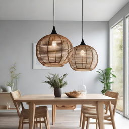 Three pendant rattan lights illuminating a Scandinavian-style dining room