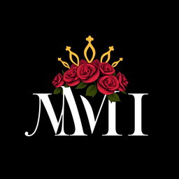 A logo design featuring the letters 'M', 'M', and 'I' creatively arranged to form a crown and incorporated with roses