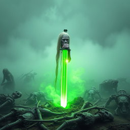 In a foggy, mist-enveloped battlefield, a 35-year-old Shadar-kai with long, dirty white hair and pale purple skin discovers a glowing green sword lodged into the ground