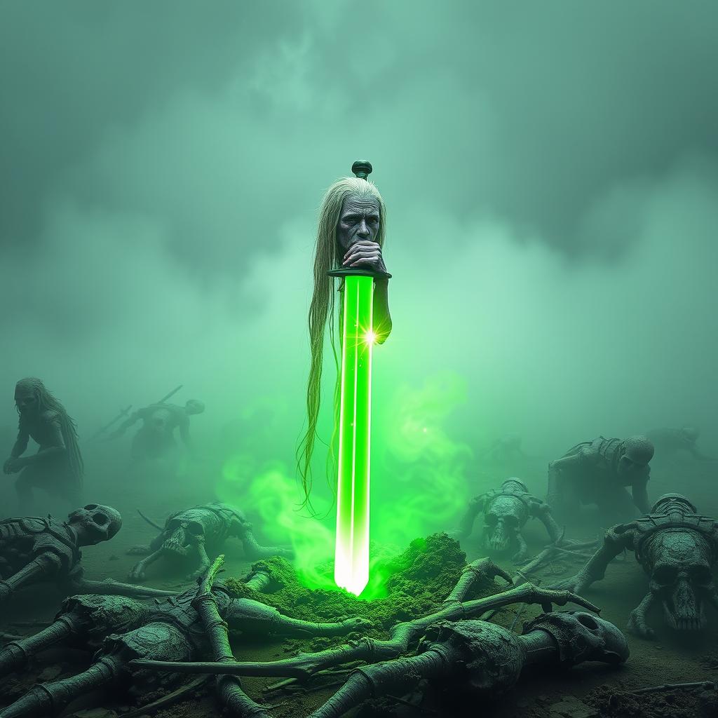 In a foggy, mist-enveloped battlefield, a 35-year-old Shadar-kai with long, dirty white hair and pale purple skin discovers a glowing green sword lodged into the ground