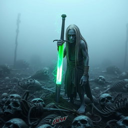 In a foggy, mist-enveloped battlefield, a 35-year-old Shadar-kai with long, dirty white hair and pale purple skin discovers a glowing green sword lodged into the ground