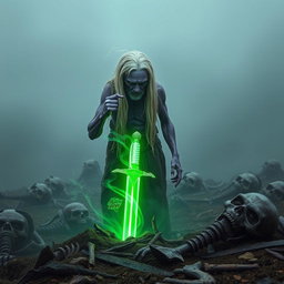 In a foggy, mist-enveloped battlefield, a 35-year-old Shadar-kai with long, dirty white hair and pale purple skin discovers a glowing green sword lodged into the ground