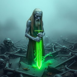 In a foggy, mist-enveloped battlefield, a 35-year-old Shadar-kai with long, dirty white hair and pale purple skin discovers a glowing green sword lodged into the ground