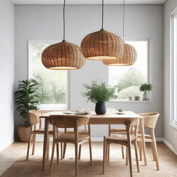 Three pendant rattan lights illuminating a Scandinavian-style dining room