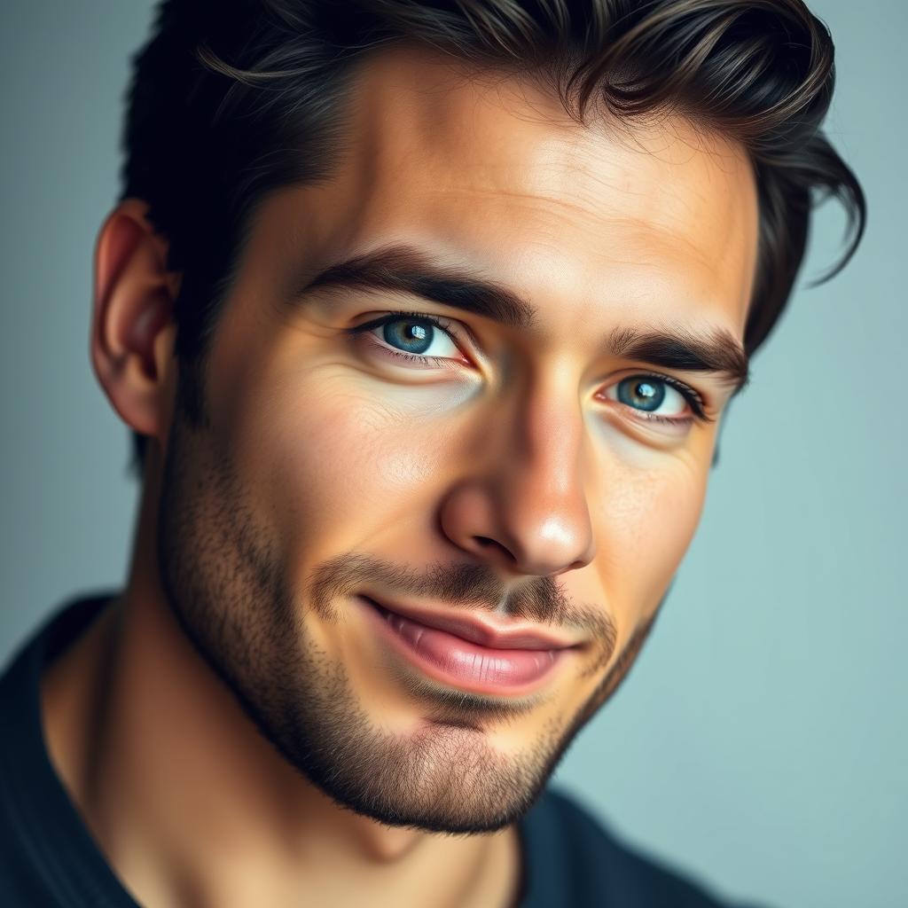 A highly detailed portrait of a man's face, showcasing strong features, deep-set blue eyes, and a slight smile