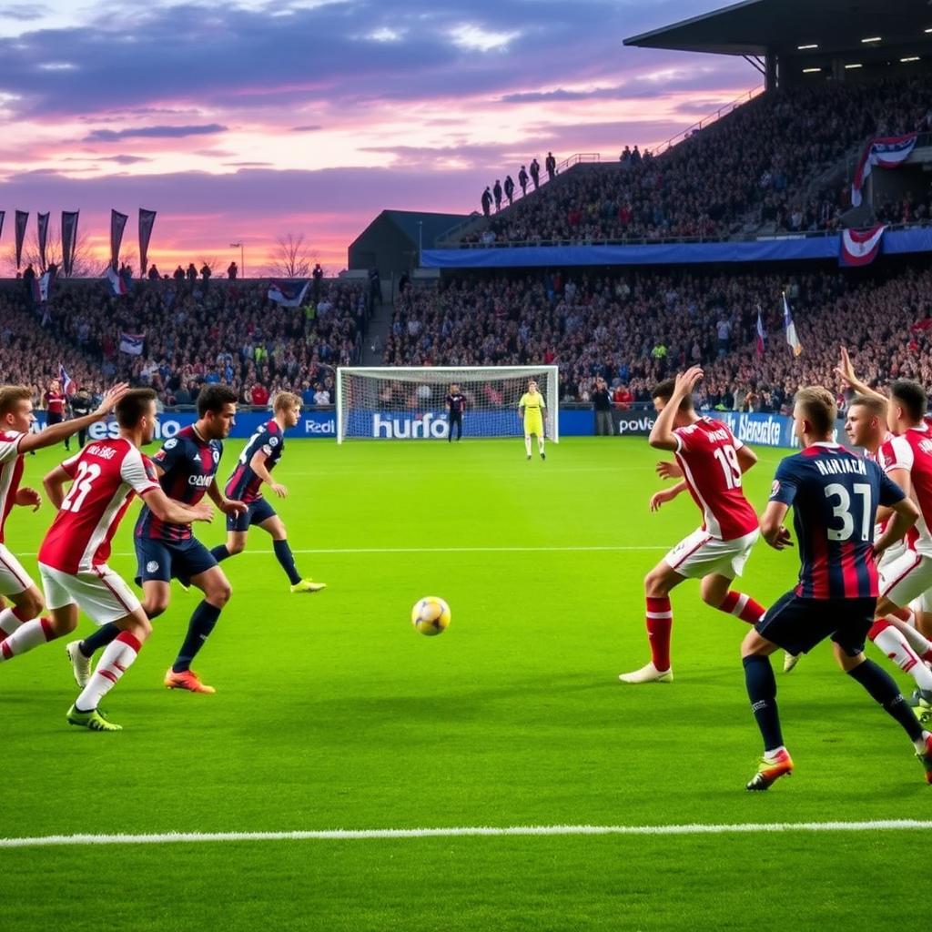 A dramatic and intense soccer match scene featuring Radnički Kragujevac players in red and white jerseys facing off against Atalanta players in navy blue and black jerseys