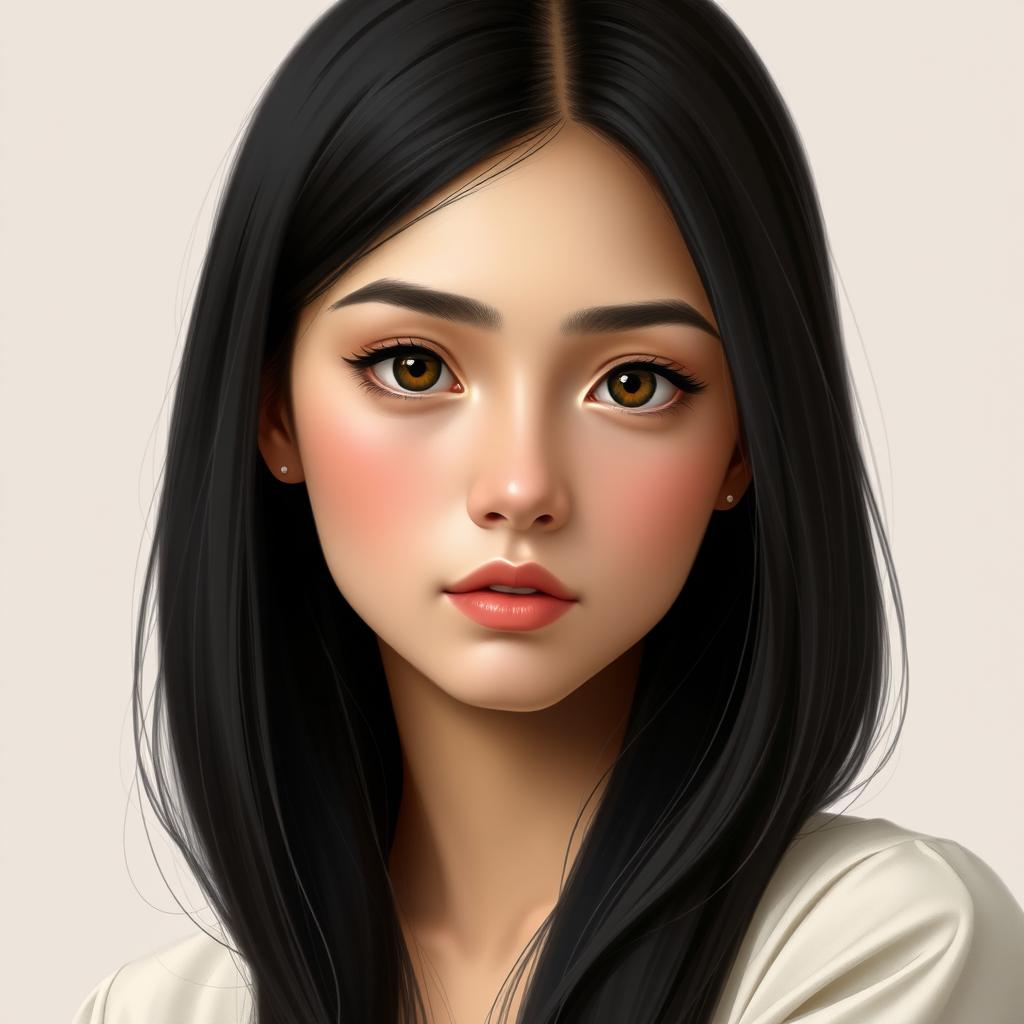 A realistic portrait of an 18-year-old Iranian girl with long, straight black hair and black eyes