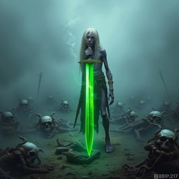 In a mist-laden old battlefield, a 35-year-old Shadar-kai stands before a glowing one-handed sword, staked into the ground