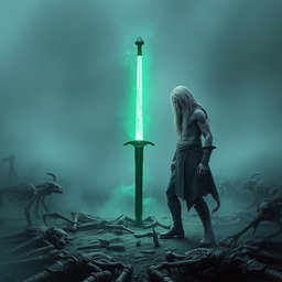 In a mist-laden old battlefield, a 35-year-old Shadar-kai stands before a glowing one-handed sword, staked into the ground