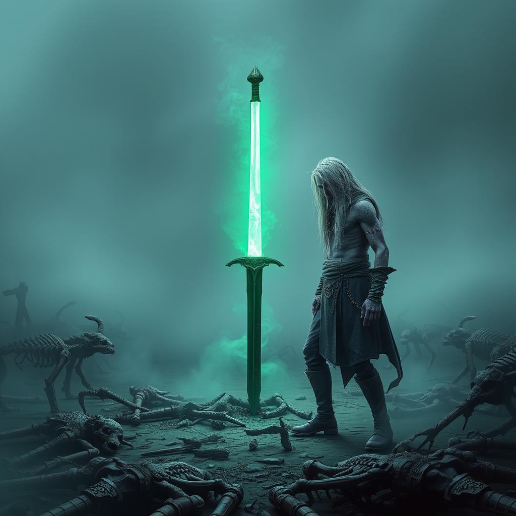 In a mist-laden old battlefield, a 35-year-old Shadar-kai stands before a glowing one-handed sword, staked into the ground